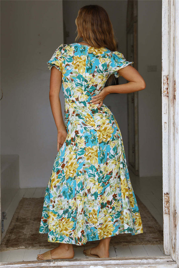 Dame Floral Print Maxi Kjole med Puffærmer og tætsiddende snit Stilla