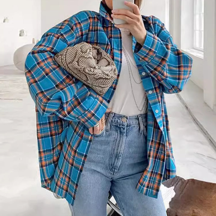 Damer Oversized Karo skjorte med lange ærmer og brystlommer Stilla