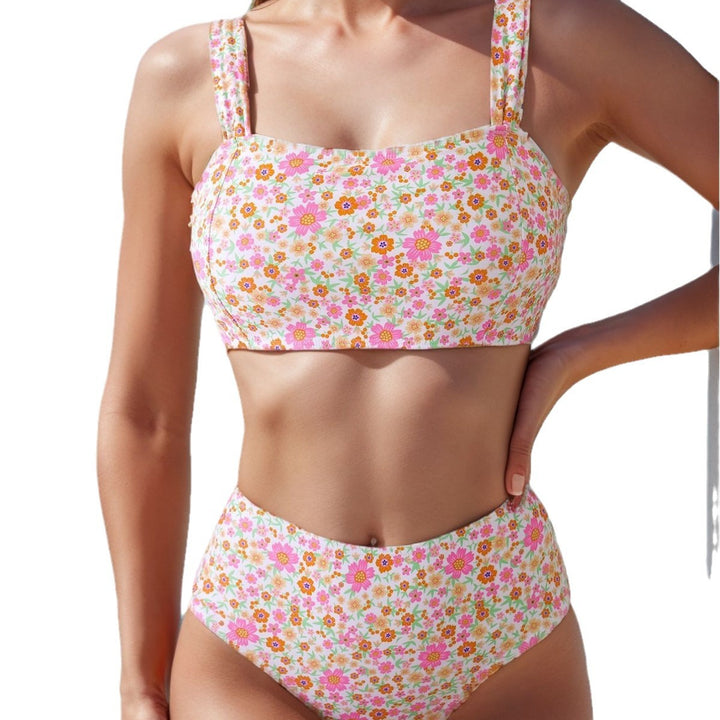 Dame Højskåret Bikini med Blomsterdesign og Brede Stropper Stilla