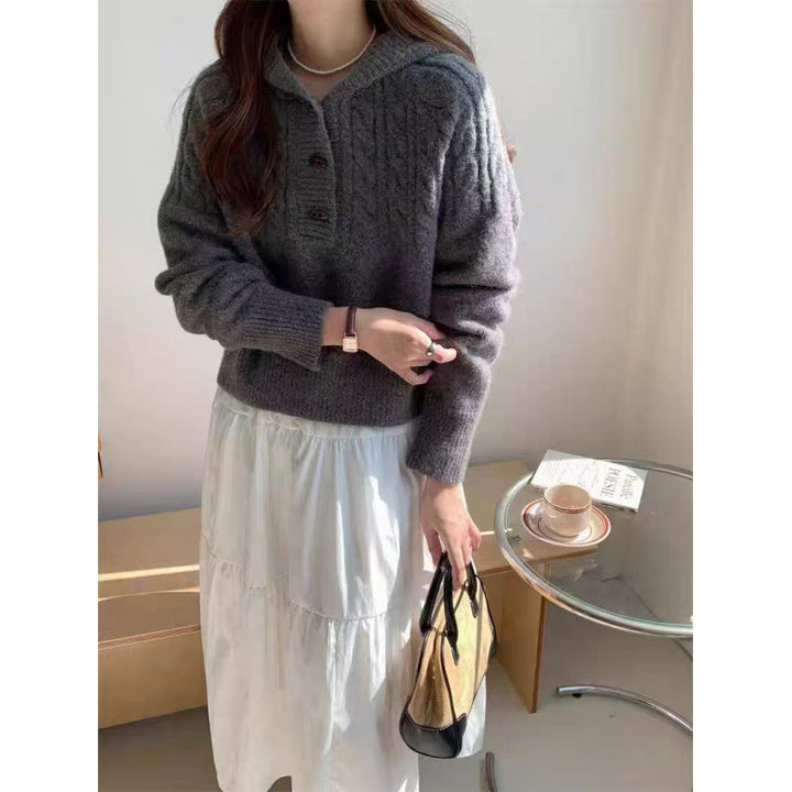 Kvinders strikket pullover med stor krave Stilla