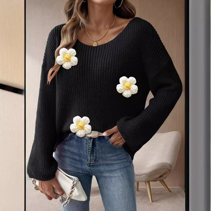 Kvinders strikket sweater med blomster 3D-design og brede ærmer Stilla
