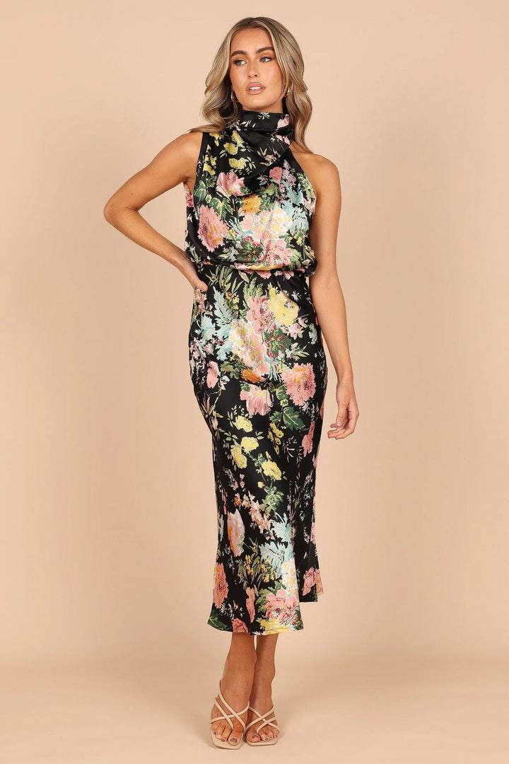 Dame Midi-kjole med elegant indpakningskrave og blomsterdesign Stilla