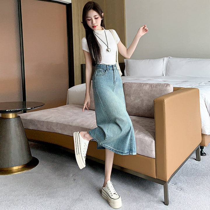 Kvindernes denim maxi nederdel med sideslids Stilla