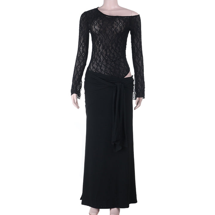 Dame elegant spids bodystocking med smart lang nederdel Skovae