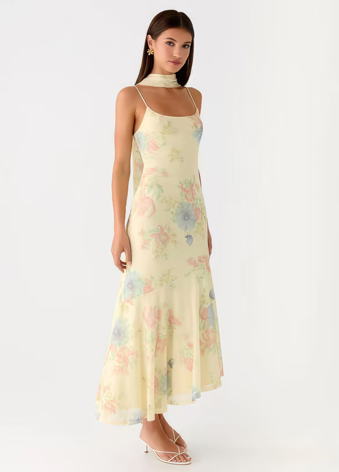 Ladies Elegant Maxi Dress with Floral Chiffon Design and Halter Neck Cut