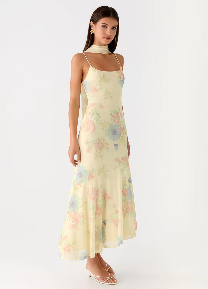 Ladies Elegant Maxi Dress with Floral Chiffon Design and Halter Neck Cut