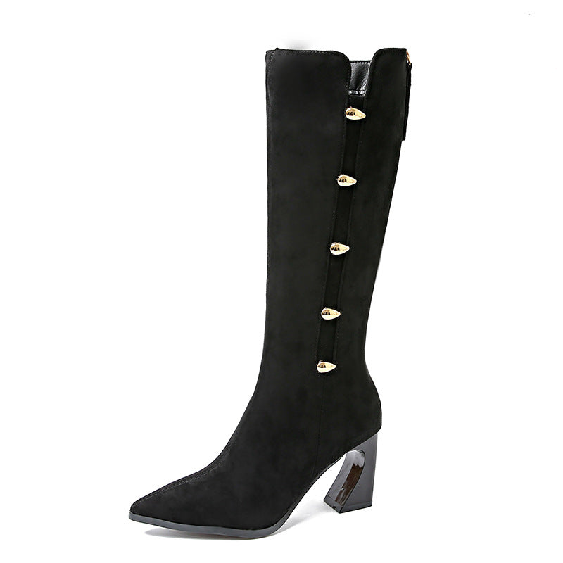 Femme Spidse Hæl Chunky Heel Knælange Støvler med dekorative Knapper Stilla