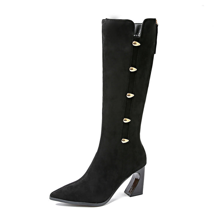 Femme Spidse Hæl Chunky Heel Knælange Støvler med dekorative Knapper Stilla
