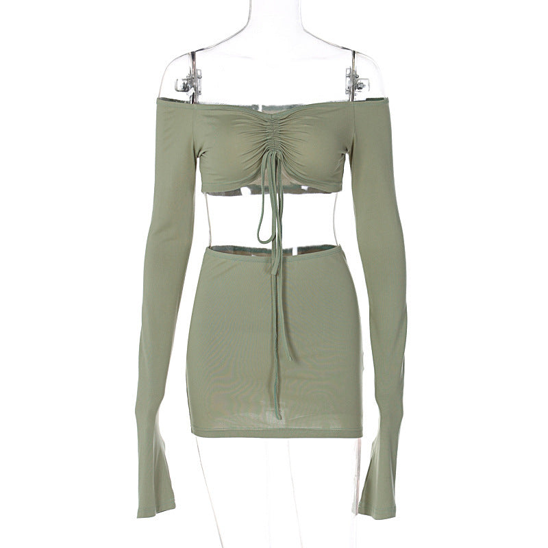 Dame Crop-Top og Nederdel Sæt med elegant Rynkning og lange Ærmer Stilla