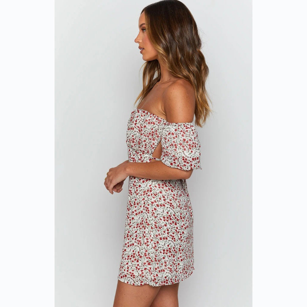 Women Off-Shoulder Mini Dress with Voluminous Sleeves and Floral Design