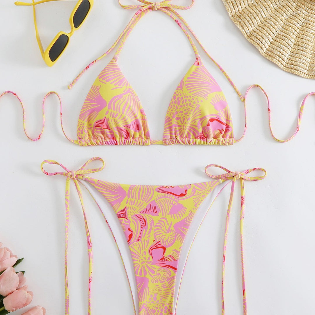 Dame triangel-bikini med livligt blomsterprint og justerbare bindebånd Skovae