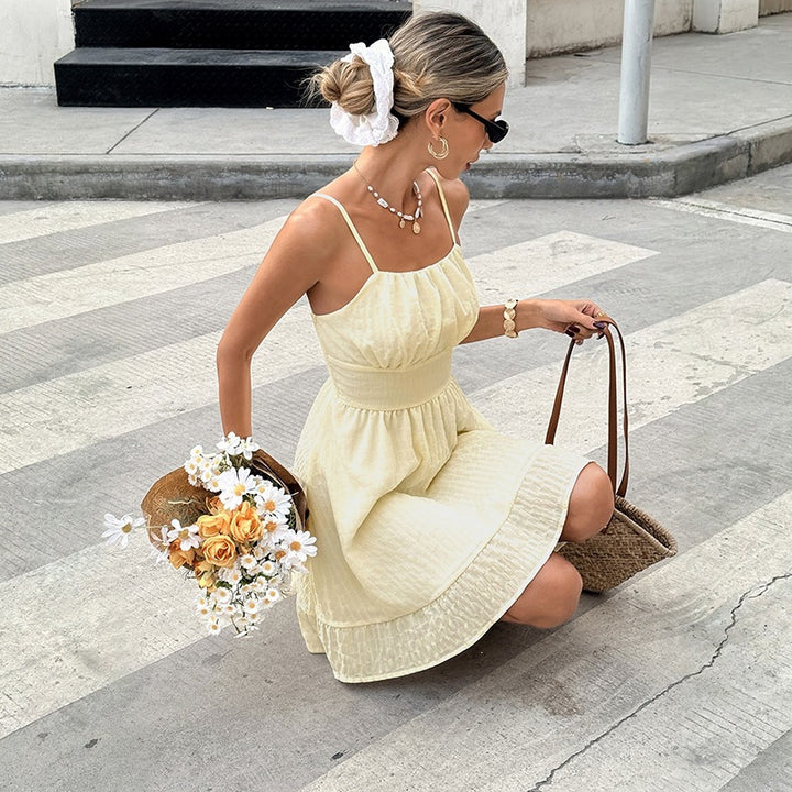 Damen Sommerliches A-Linien Kleid mit feinen Spaghettiträgern und gerafftem Oberteil Skovae