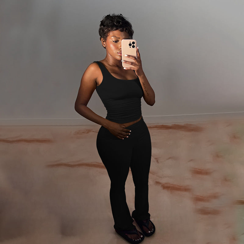 Damer Sporty Crop-Top og afslappede Flared Bukser Sæt Skovae