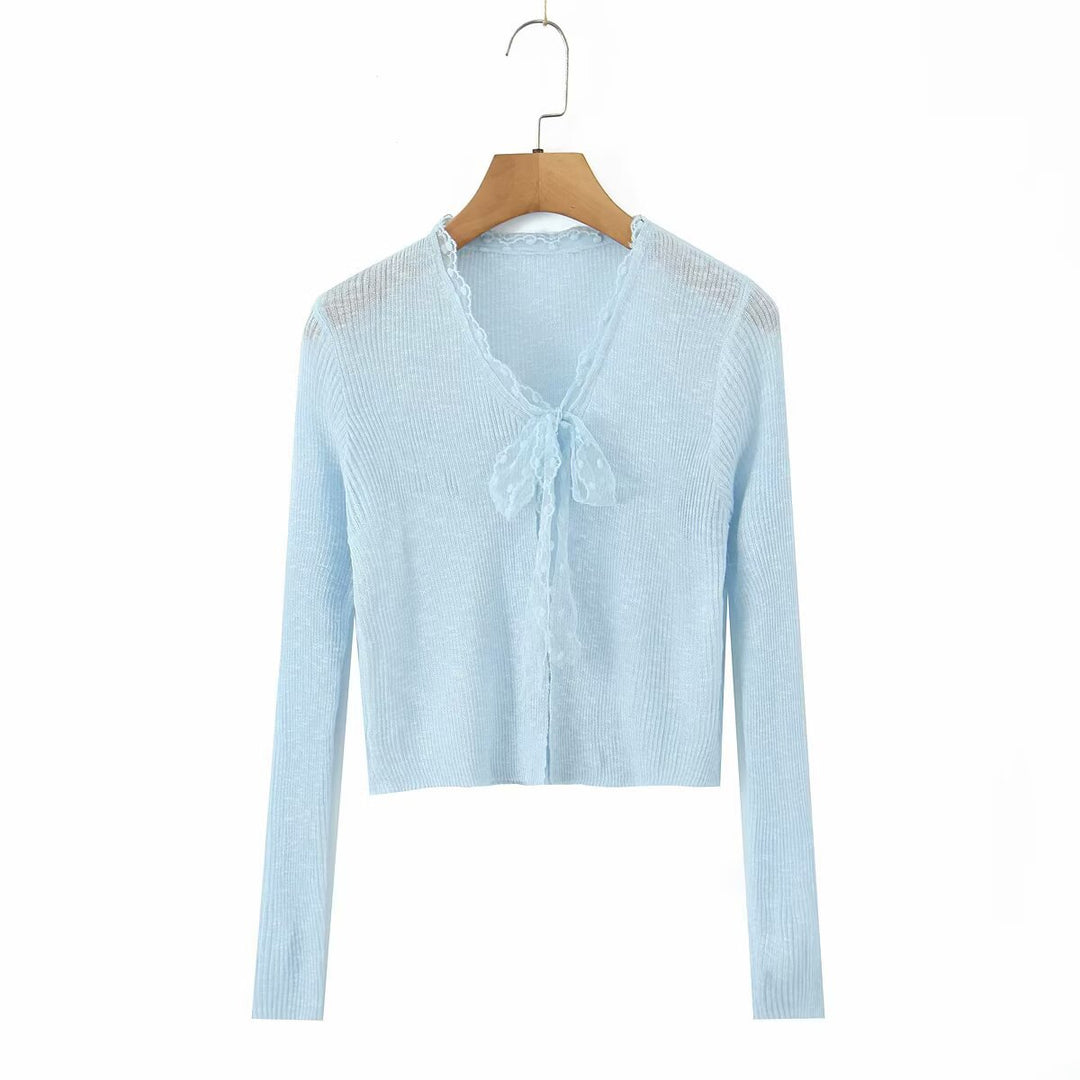 Dame elegant, kort skåret cardigan med delikate flæse detaljer Stilla