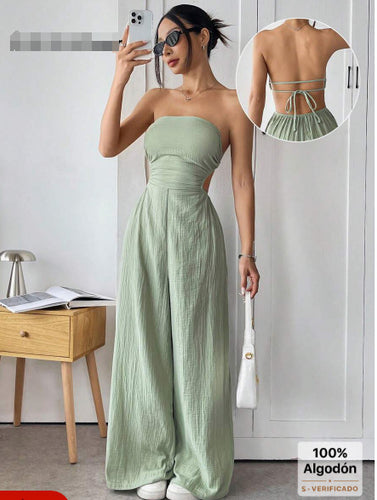 Dame strapless bredbukset jumpsuit med udskæringsdetalje Stilla