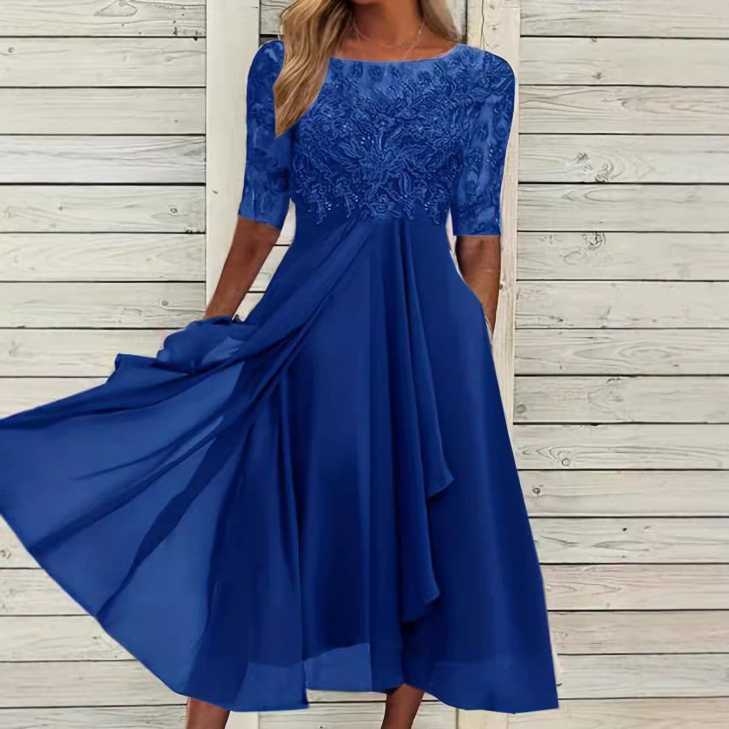 Dame Midikjole med kunstneriske blondeaccentuer og voluminøs skørt Stilla