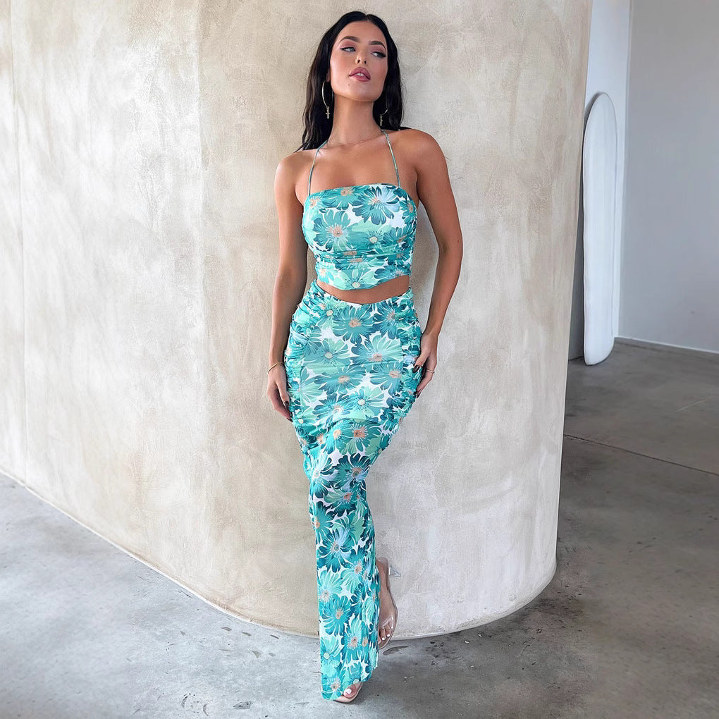 Dame Elegant Crop-Top og Maxiskørt sæt med blomsterdesign Skovae