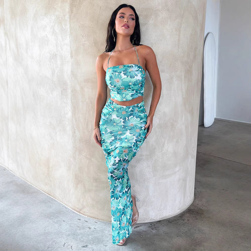 Dame Elegant Crop-Top og Maxiskørt sæt med blomsterdesign Skovae