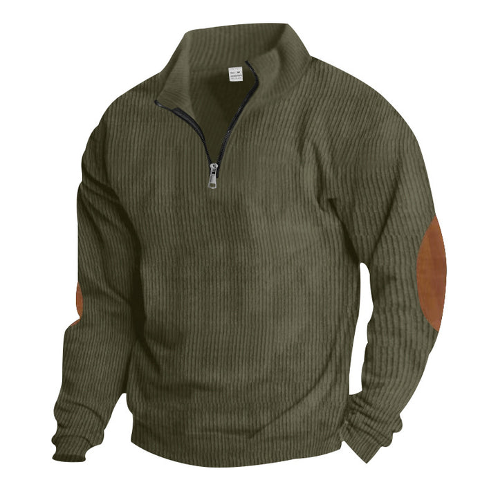Herren nan ribbet finstrik pullover med kort lynlås ståkrave og læderlook albuepatches Skovae