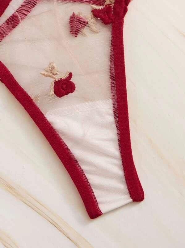 Dame Blomsterbroderi Mesh Bralette og String Sæt Stilla