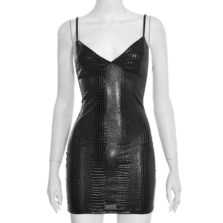 Damen Mini-Kleid mit glänzender Krokodil-Optik und Spaghetti-Trägern Skovae