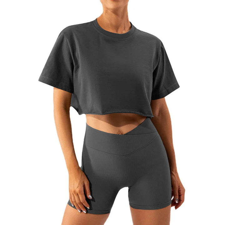 Dame sporty cropped T-shirt og shorts sæt med høj talje Stilla