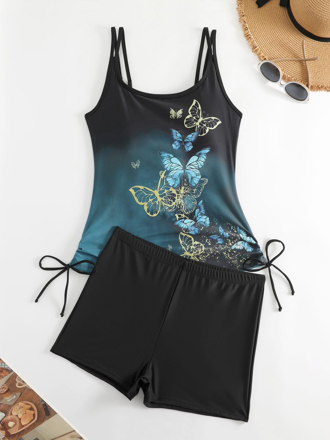 Dame Tankini med sommerfuglemotiv og badeshorts Skovae