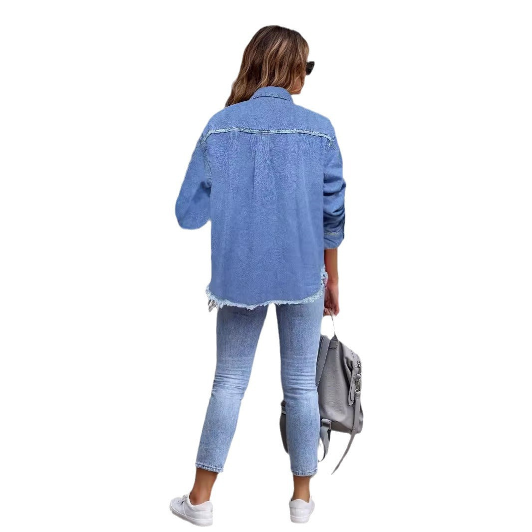 Dame afslappet jeans skjortejakke med frynser og påsyede lommer Stilla