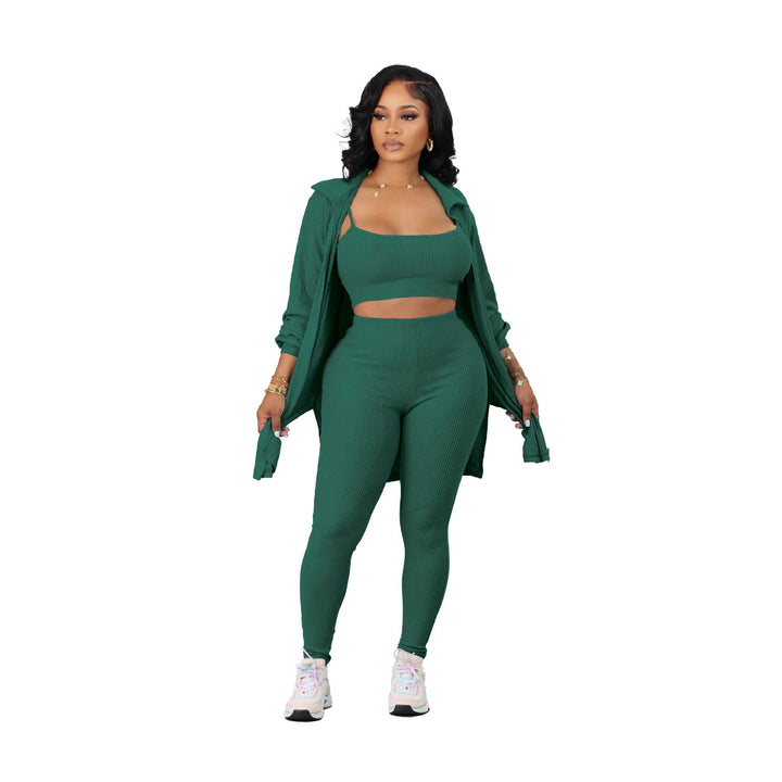 Dame Sporty 3-delt Set med cropped top, leggings og lang jakke Stilla