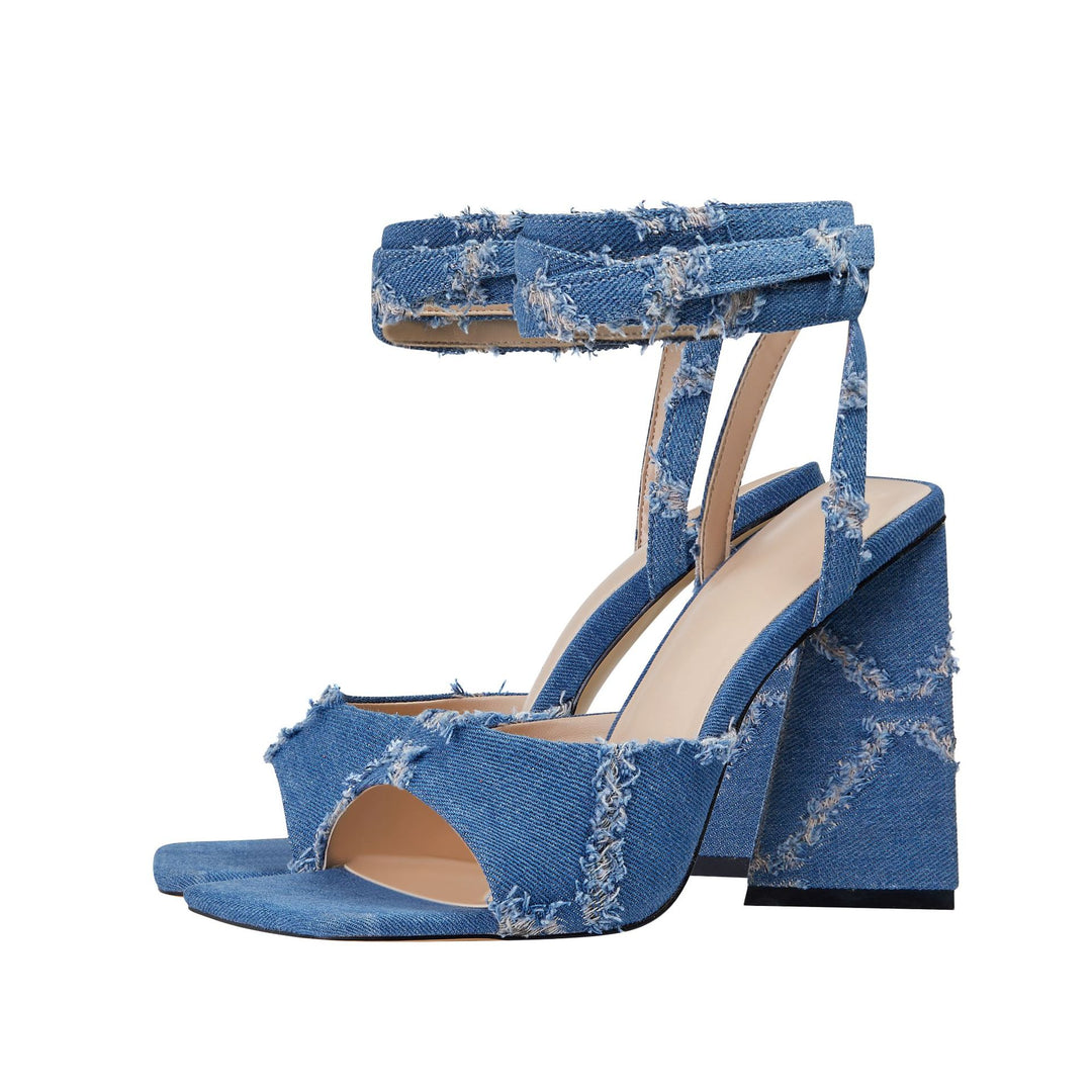 Femme Fashion-Forward Denim Hælesandaler med skulpturel Blokhæl Stilla