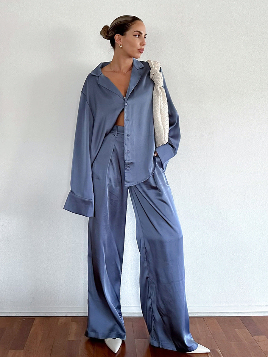 Dame Satin Bluse- og Bukse-Sæt med elegant pasform og højkvalitets snit Stilla