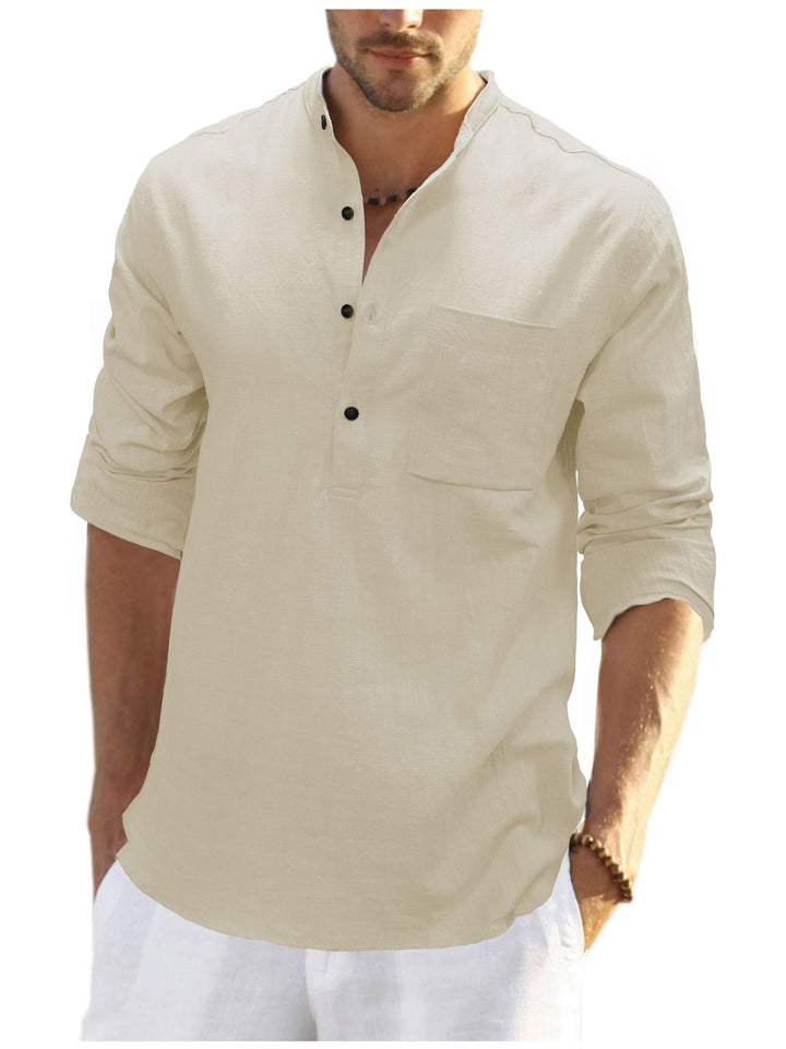 Herre afslappet langærmet Henley-shirt lavet af behagelig linnedmix med brystlomme Stilla
