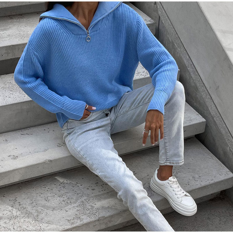 Kvindernes oversized strikket sweater med høj hals og lynlås Stilla