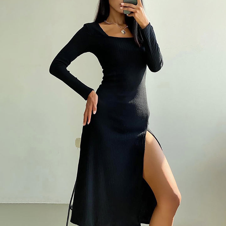Dame Maxikjole med dyb slids og elegant ribdesign Stilla