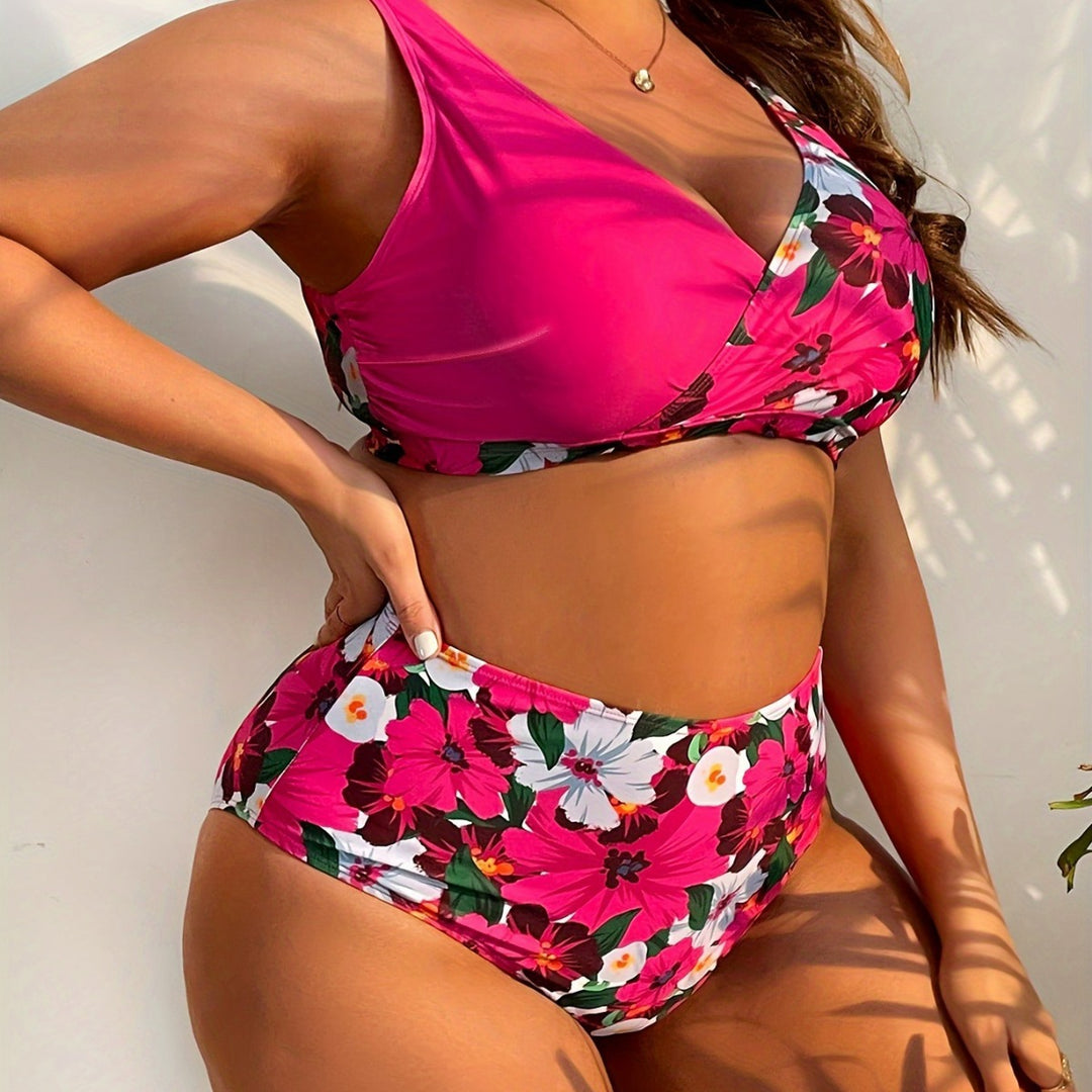 Dame nan Bikini-Sæt store størrelser med formet BH, V-udskæring og højt skåret talje-trusse Skovae