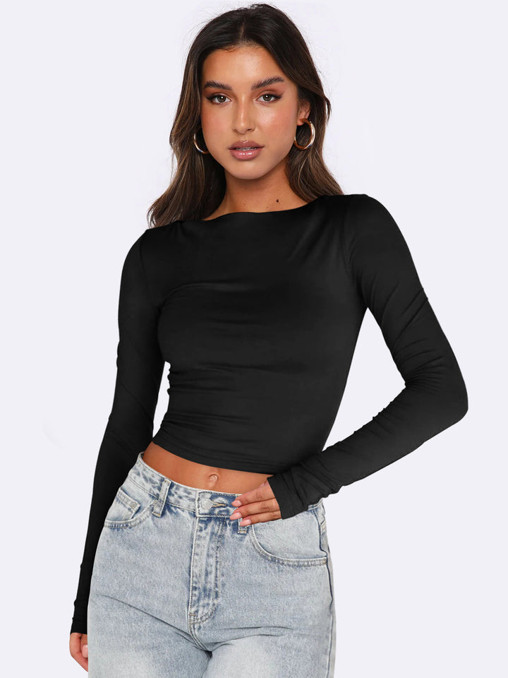 Dame Langærmet Crop-Top med figursyet snit og strækbart materiale Stilla