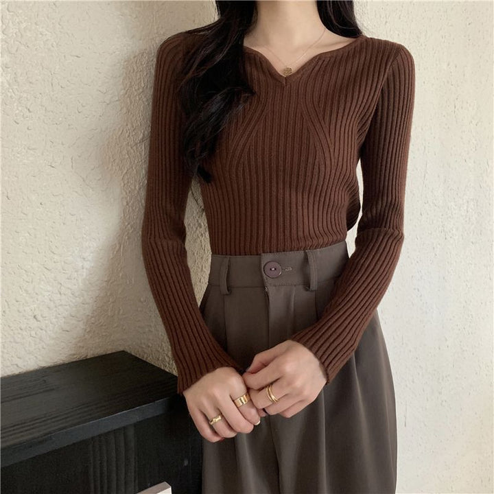 Kvinders V-formede finstrikket sweater med ribstruktur Stilla