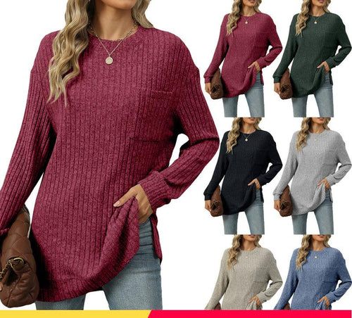 Dame Stor, ribbet sweater med sideslidser Stilla