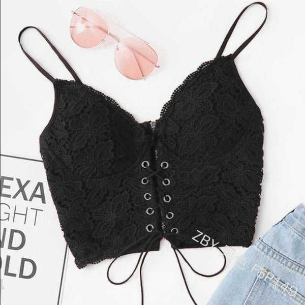 Dame Spids-Crop-Top med dekorative snøre detaljer og fine spidsindsatser Stilla