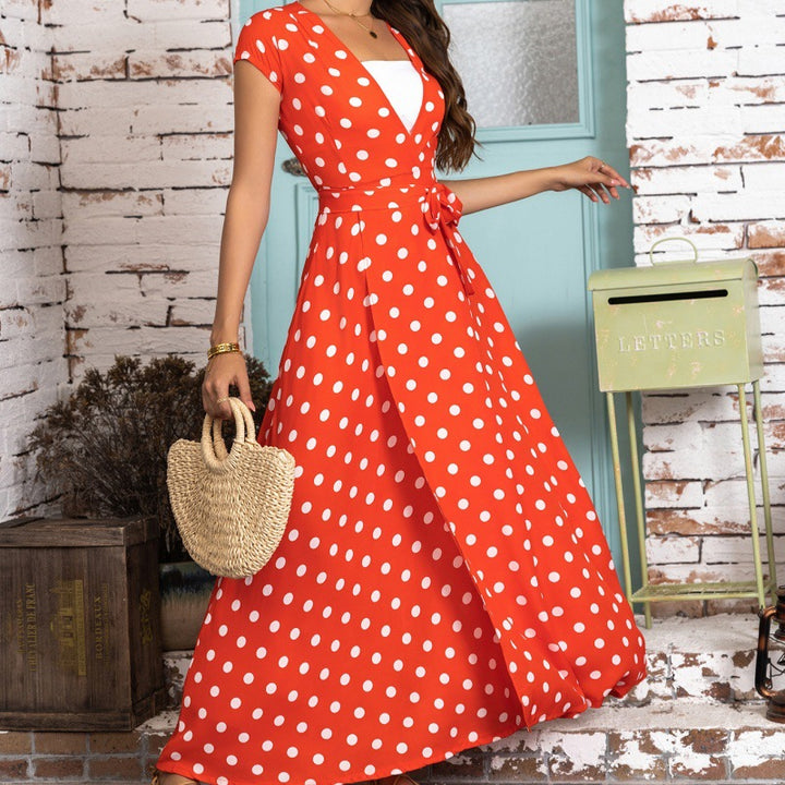 Dame Polka Dot Vinkel-Maxi-Kjole med bundet taljeområde Stilla
