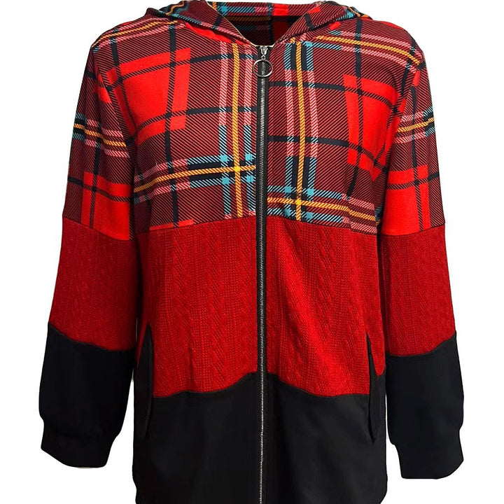 Dame lang hættetrøje i patchwork-stil med ternede og strikindsatser, frontlynlås og stiklommer Skovae