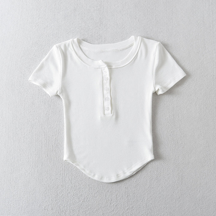 Dame kortærmet Henley-shirt med fine knapdetaljeringer og elastisk materiale Stilla