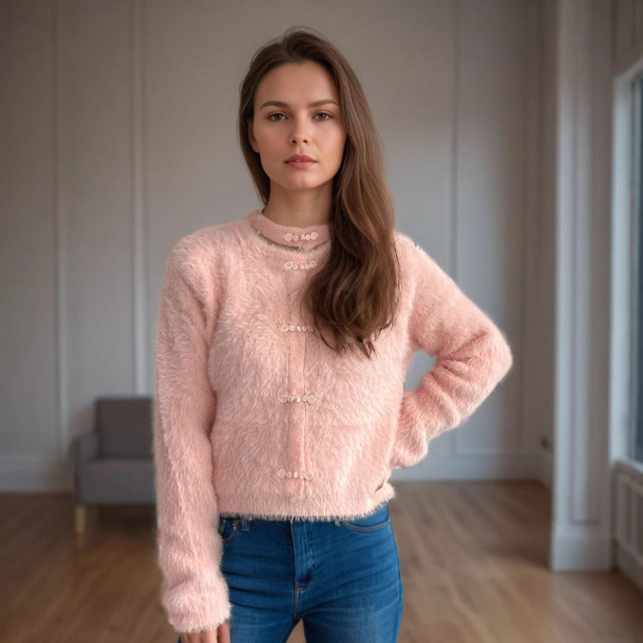 Kvinders krammevenlige sweater med høj krave og dekorative knapdetaljer Stilla