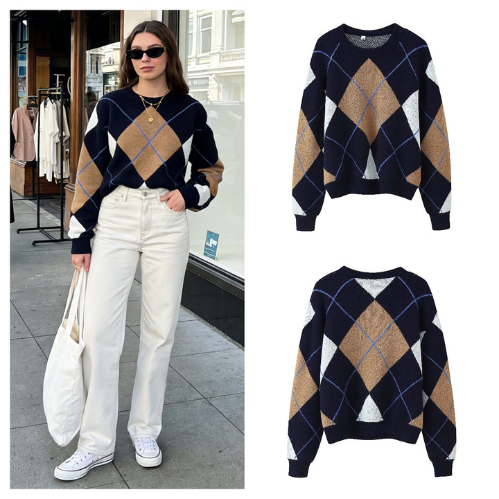 Dame modet sweater med elegant diamantmønster Stilla