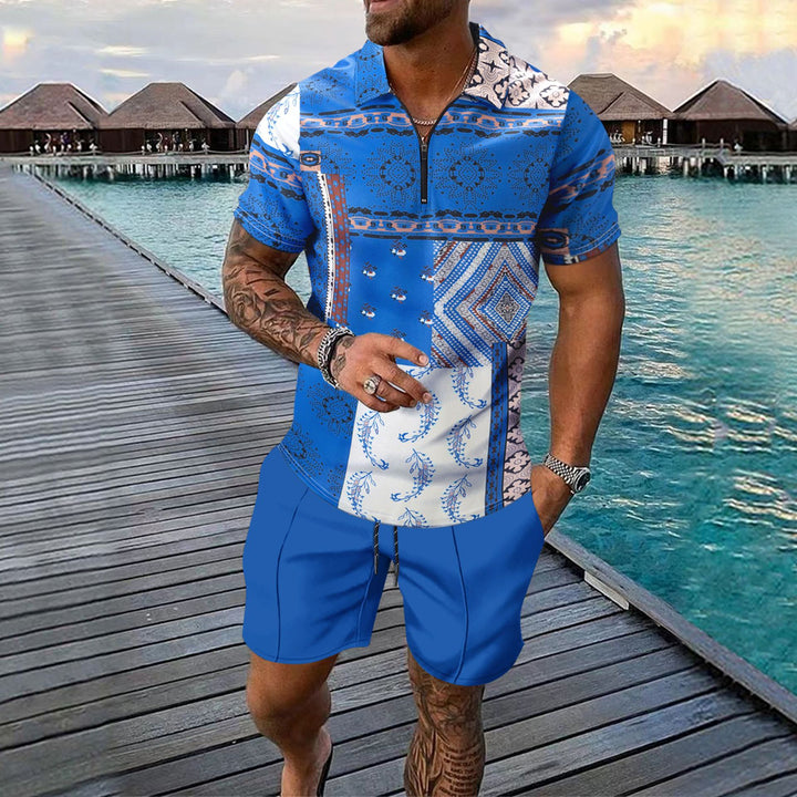 Herrer casual strandoutfit med unikt grafisk mønster og korte shorts Stilla
