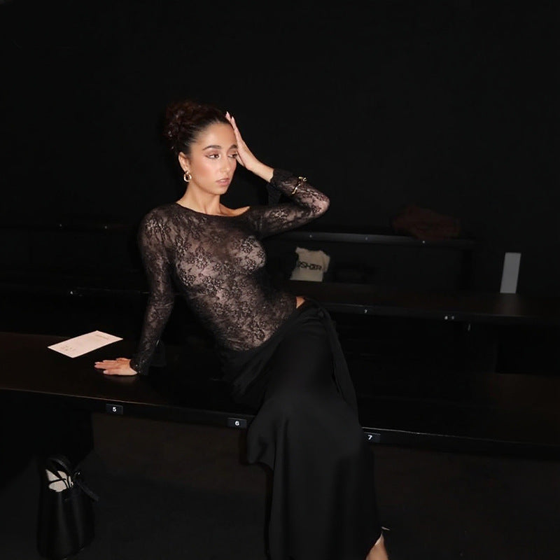 Dame elegant spids bodystocking med smart lang nederdel Skovae