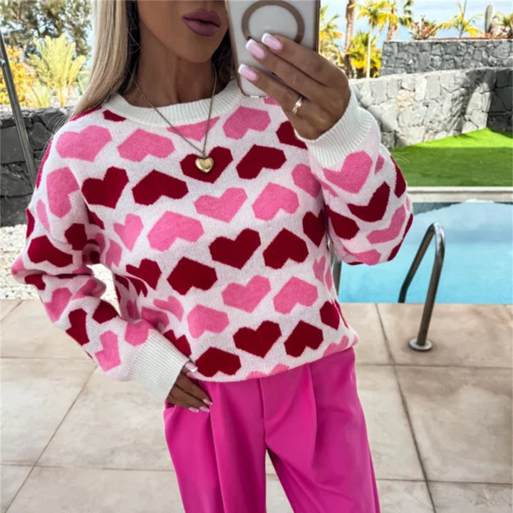 Kvinders sweater med hjerte mønster og blødt strik design Stilla