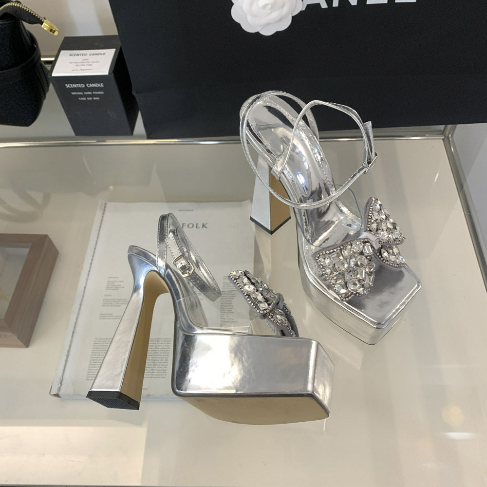 Dame Plateau-sandaletter med strass-belagte sløjfedetaljer og elegant blokhæl Stilla