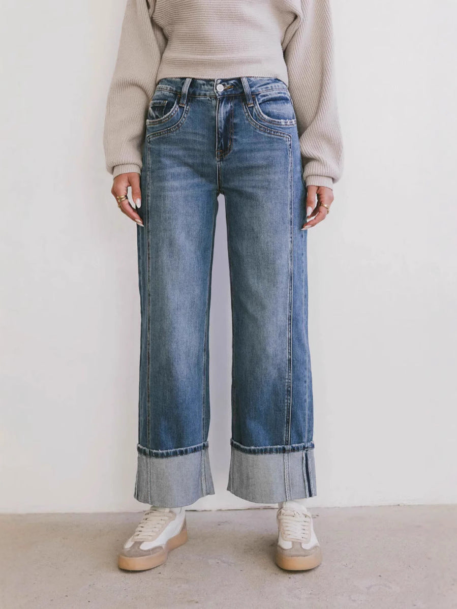 Dame brede denim-bukser med iøjnefaldende opfoldning og afslappet snit Stilla