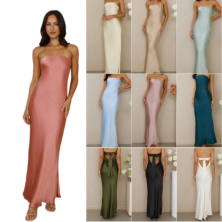Dame elegante maxi kjoler med bare skuldre lavet af satinstof
